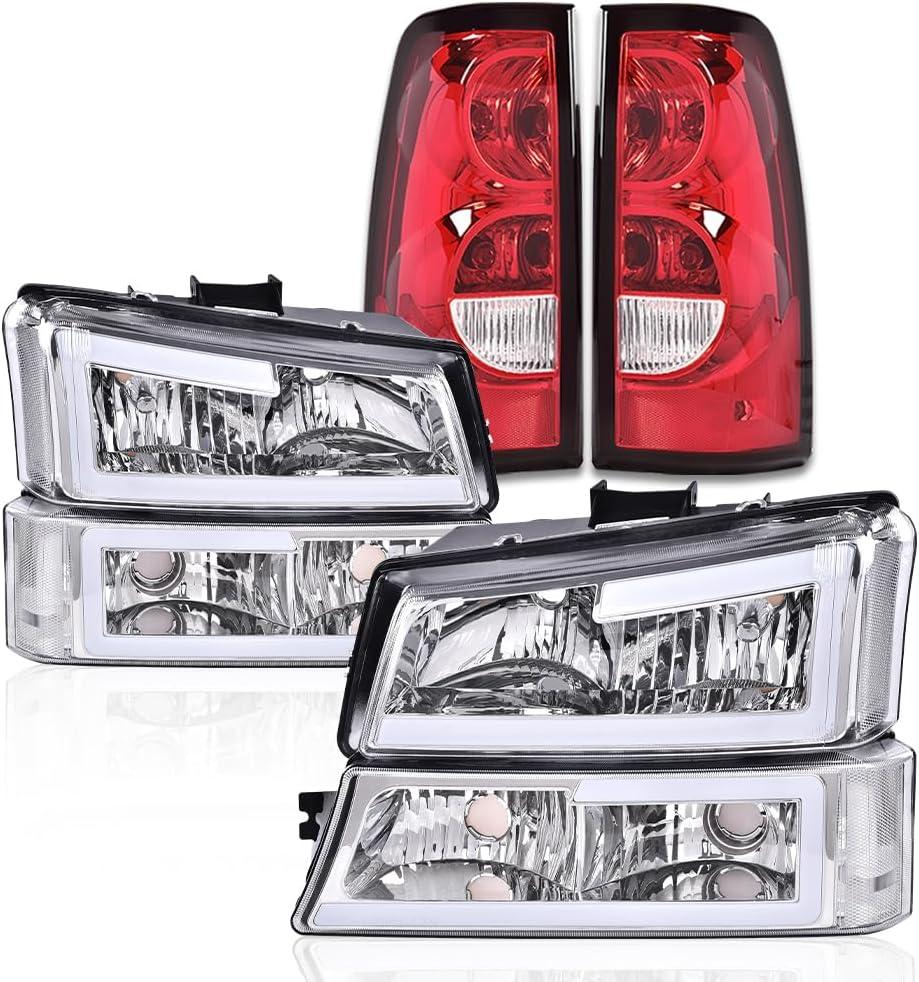 G-PLUS LED DRL Headlights Assembly & Tail Lights Fit Chevy Silverado 1500 1500 HD 2500 2500 HD 2003-2006, Clear Lens Chrome Housing Clear Reflector Headlamps Assembly Red Taillights