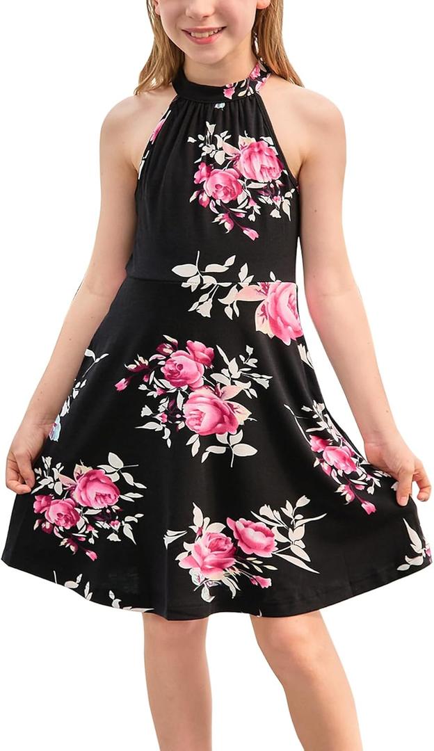 GORLYA Girl's Halter Neck Cold Shoulder Sleeveless Summer Casual Sundress A-line Dress with Pockets for 4-12 Years (Black Pink Flower)