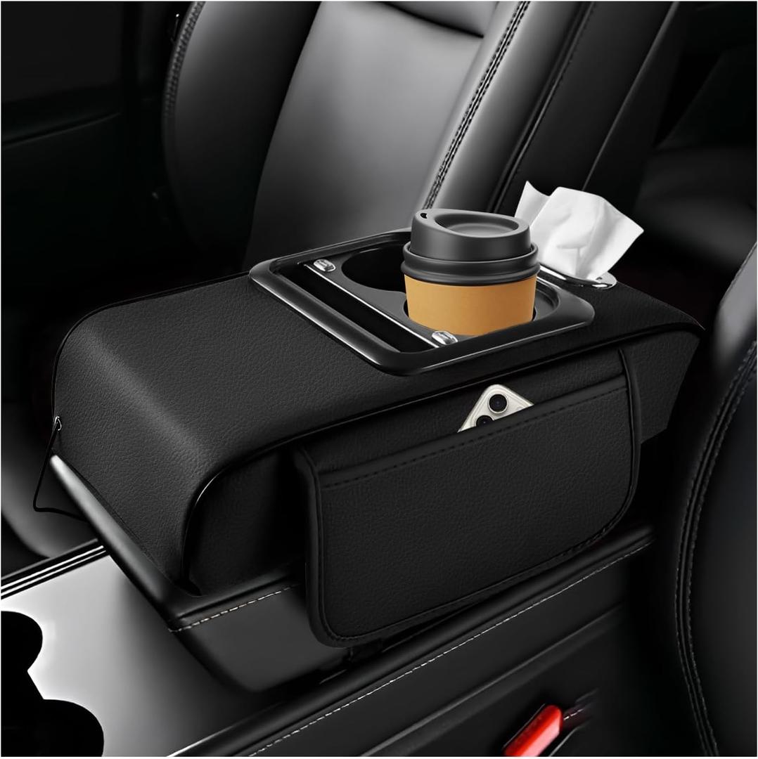 4 in 1 Center Console Cover, Car Armrest Cushion Pad with Pockets, Cup Holder, Phone Holder, Tissue Box, Multifunctional Arm Rest Cover with Charging Cable for Most Vehicles (Black)