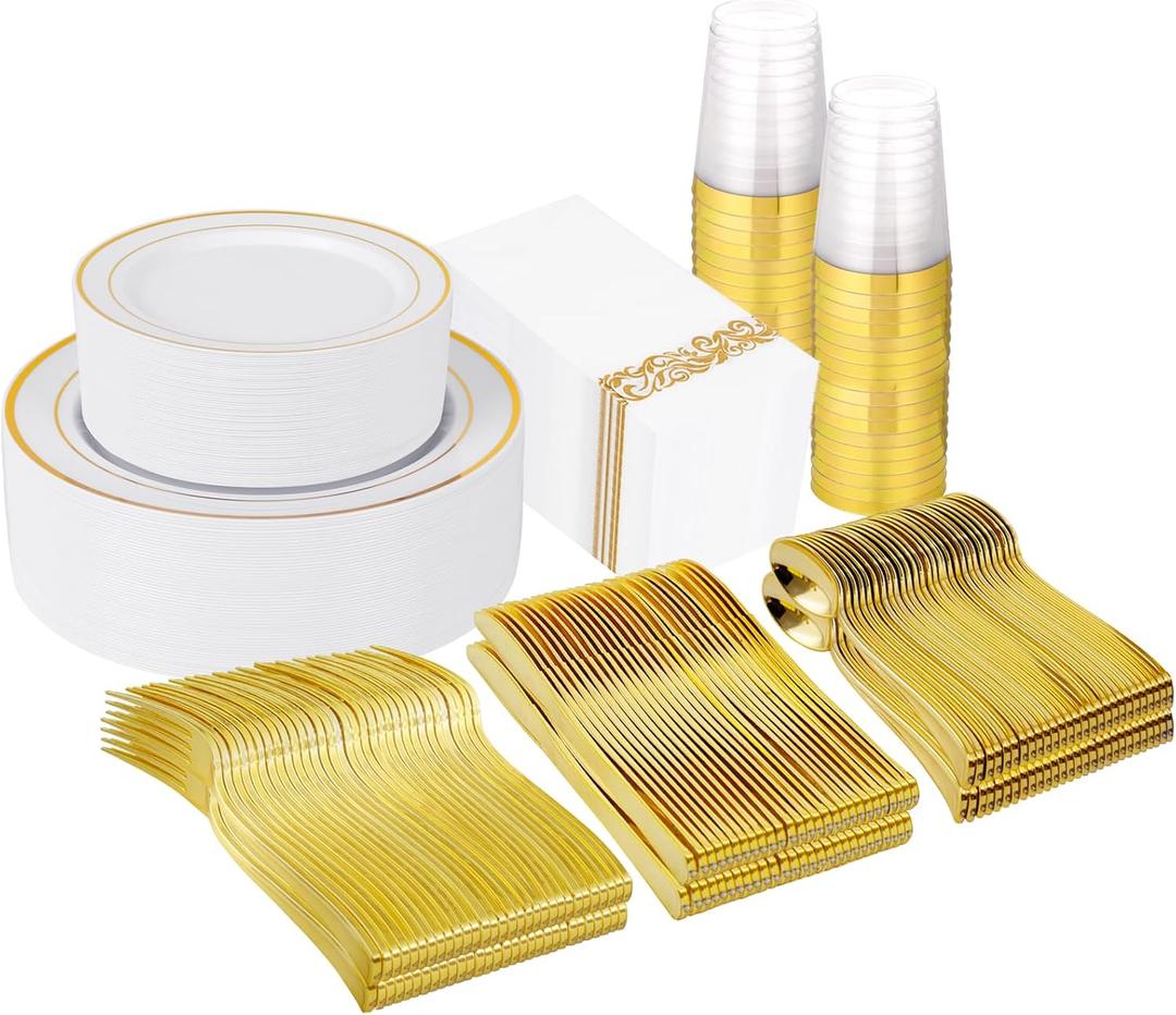 Supernal 400pcs Gold Plastic Plates for 50 Guests Heavy Duty Disposable Party Plates, 200 Gold Plastic Silverware, Linen Napkins, Clear Cups For Valentine's Day Mother's Day and Easter