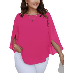 SCOMCHIC Plus Size Blouses for Women Summer Chiffon 3/4 Sleeve Tunic Tops Dressy Scoop Neck Casual Loose Flowy Shirts, Size 4XL (Hotpink)