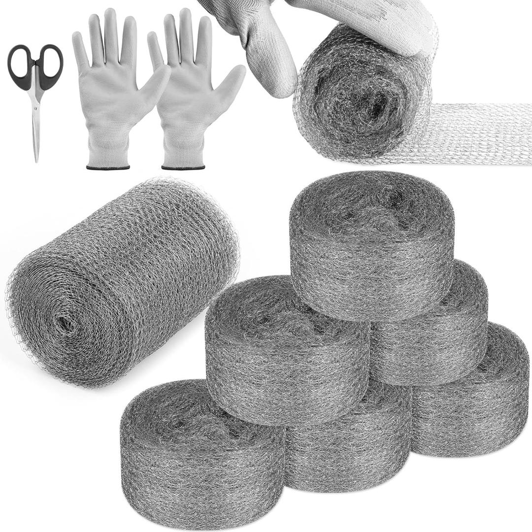Steel Wool Mice Control, 6 Pack 3.2" x60 FT #1 Steel Wool & 1 Pack 5" x30 FT Stainless Mesh Gap Filler, Mouse Hole Filler DIY Kit, Rodent Barrier Kit for House Garden Pipeline Polishing Chrome Glass