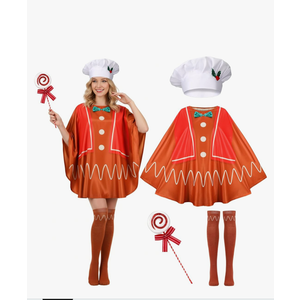 4pcs Gingerbread Man Costume, Gingerbread Costume Women with Poncho Hat Socks and Candy Bar for Christmas Party