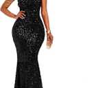 Cololura Women Sequin Elegant Sexy One Shoulder Tassel Mermaid Bodycon Cocktail Evening Dress (Medium, Black)