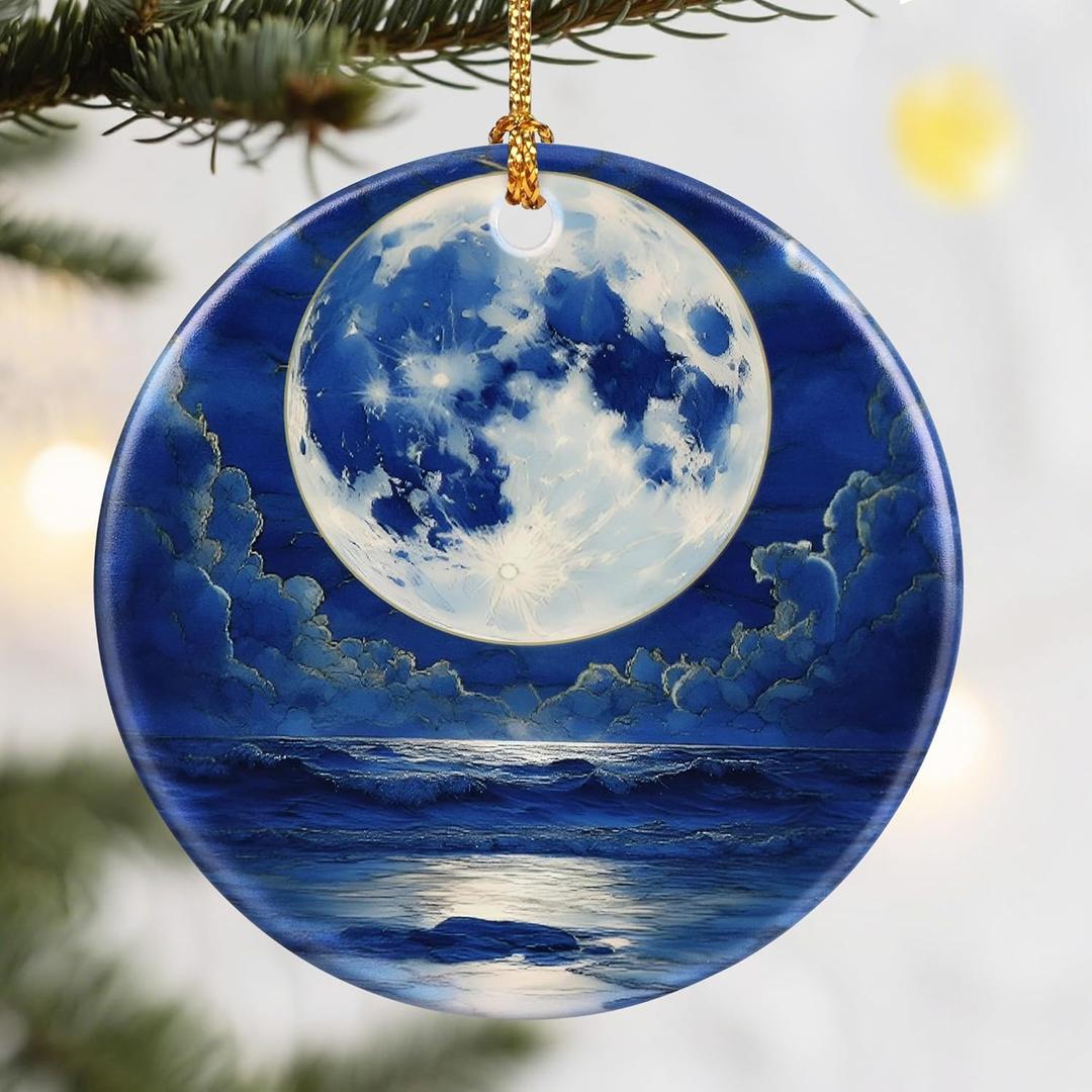 Christmas Ornaments, Dodosky 2.8in Ceramic Hanging Ornament, Xmas Decor, Christmas Tree Ornaments, Xmas Decorations for Tree, Holiday Ornament, Gift Ideas, Gifts for Women Men - Full Moon Over Ocean