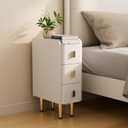 Narrow Nightstand with Drawers, Narrow Side Table Leather, Small Bedside Tables for Bedroom. (White) (7.8'')