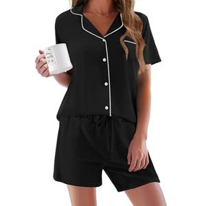 Ekouaer Pajamas Set for Women Short Sleeve Sleepwear Button Down Pjs Soft 2 Piece Lounge Sets Black X-Small