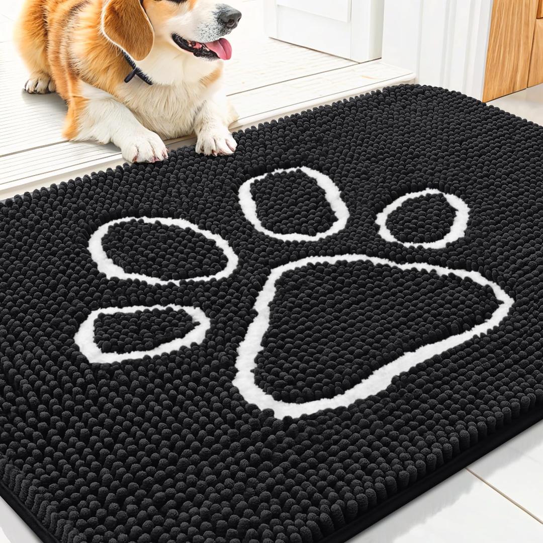Smiry Dog Door Mat for Muddy Paws, Absorbent Dirt Trapper Non Slip Quick Dry Washable Chenille Mat for Mud Dogs, Entry Rug for Indoor and Outdoor (30x20 Inches, Black and White)