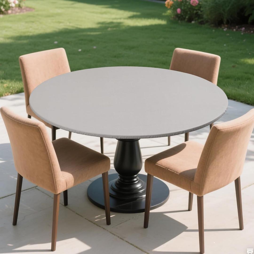 Round Fitted Tablecloth with Elastic Edge,Flannel Backed Vinyl Tablecloths, Wipeable Waterproof Plastic Table Cloth Fits 57" - 65" Round Table for Dining, Camping, Indoor and Outdoor, Light Gray