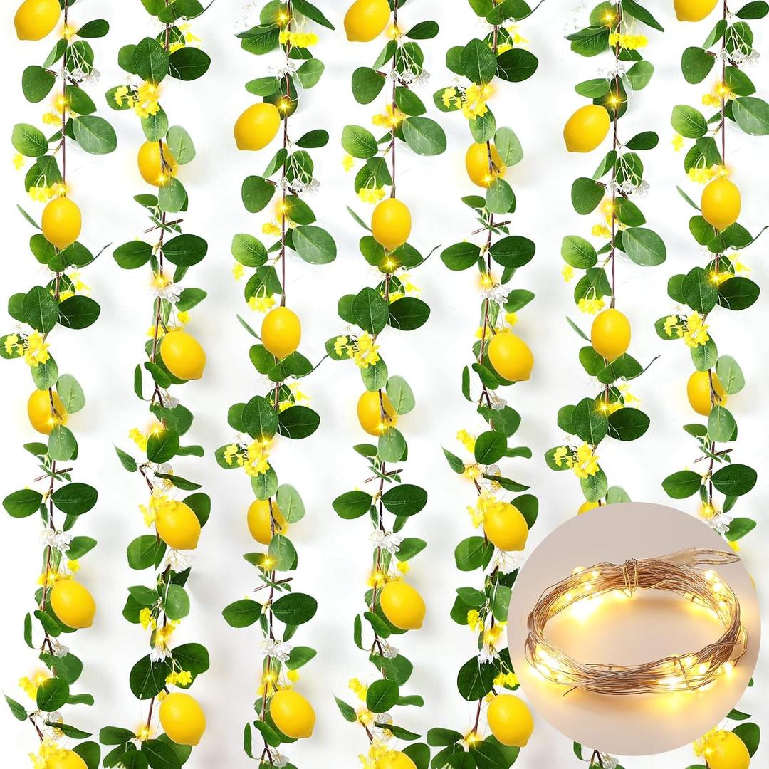 6 Pcs 5.74 ft Artificial Lemon Garland Lemon Vine Garland with Greenery Fake Fruit Party Decoration with Battery Powered Light for Home Door Wall Mantel Wedding Kitchen Table (Stylish Style)