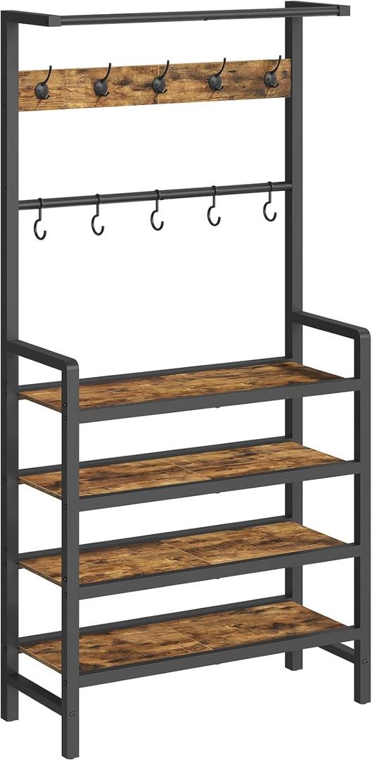 YATINEY Hall Tree, Coat and Shoe Rack, Entryway Coat Rack with 4-Tier Wooden Shoe Rack and 10 Hooks, Freestanding Hall Tree with Shoe Storage for Entryway, Hallway, Rustic Brown and Black MT09BR