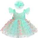 Baby Girl Butterfly Dress Flutter Sleeve Princess Tulle Tutu Dress with Flower Headband Birthday Party Dress 12-18 M