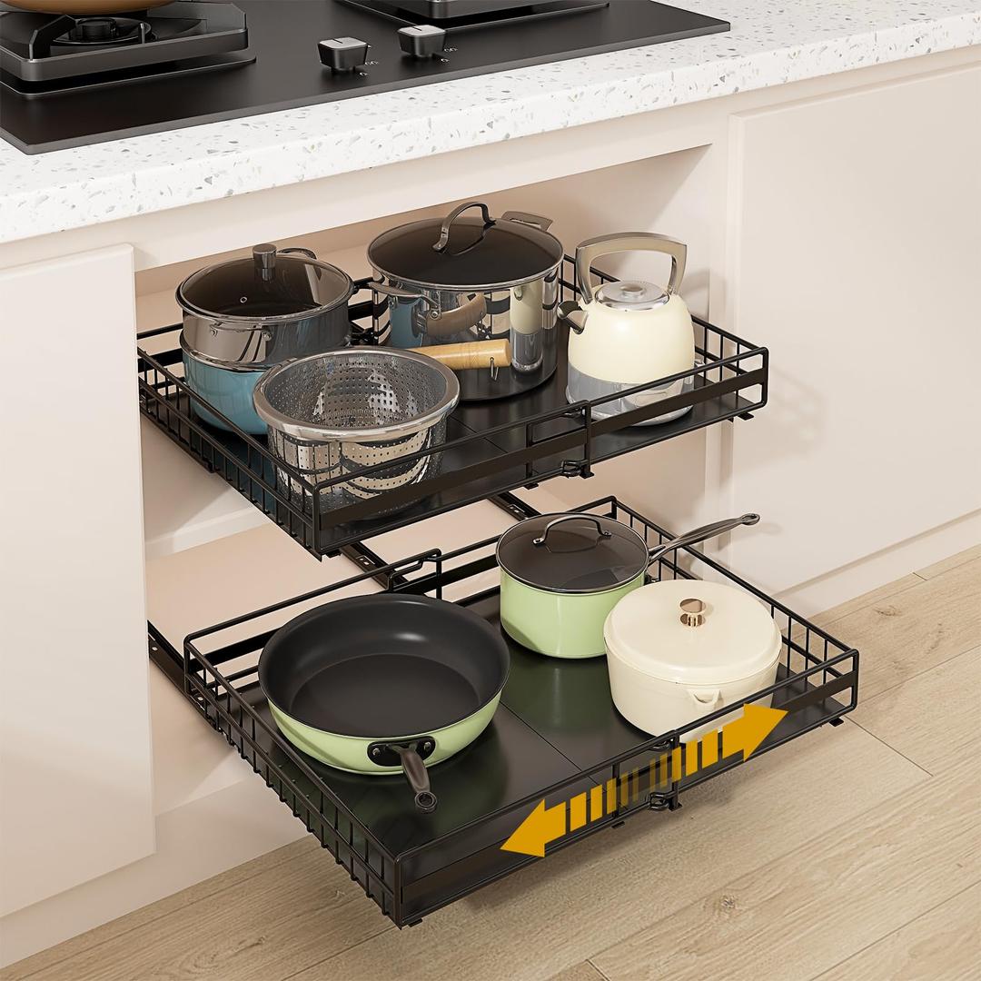 REALINN 2 Pack Pull Out Cabinet Organizer, Expandable(12"20") Slide Out Drawers 3 Slide Rails Fix with Adhesive or Screw, Roll Out Shelves for Kitchen Cabinet Organization, Black, 6.75in height