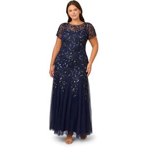 Adrianna Papell Women's Bead Long Dress with Godets, Light Navy, 14W (Blue)