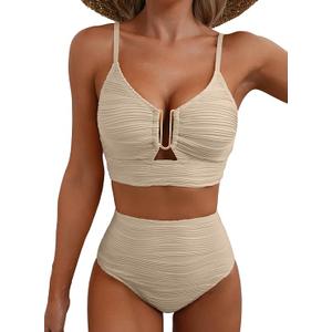 2 Piece Bikini Set U-Wire Cutout Popular Swimsuit High Waisted Textured 2026 Summer Beach Swim Bathing Suits L