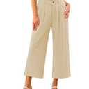 GRAPENT Capri Pants - Summer Outfit, Wide Leg Palazzo Pants - Linen Clothes, Womens Wide Leg Trousers - Khaki, Size Small (US Size 4 / Size 6)