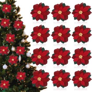 Suncalla 36 Pcs Wooden Poinsettia Flowers for Christmas Tree, Red Poinsettia Christmas Ornaments with Hemp Ropes for Xmas Tree Decorations Wreaths New Year Door Wedding Decor