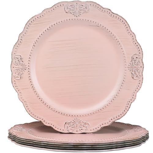 Spsyrine Antique Pink Charger Plates Set of 6, 13" Embossed Chargers for Dinner Plates, Wedding, Party