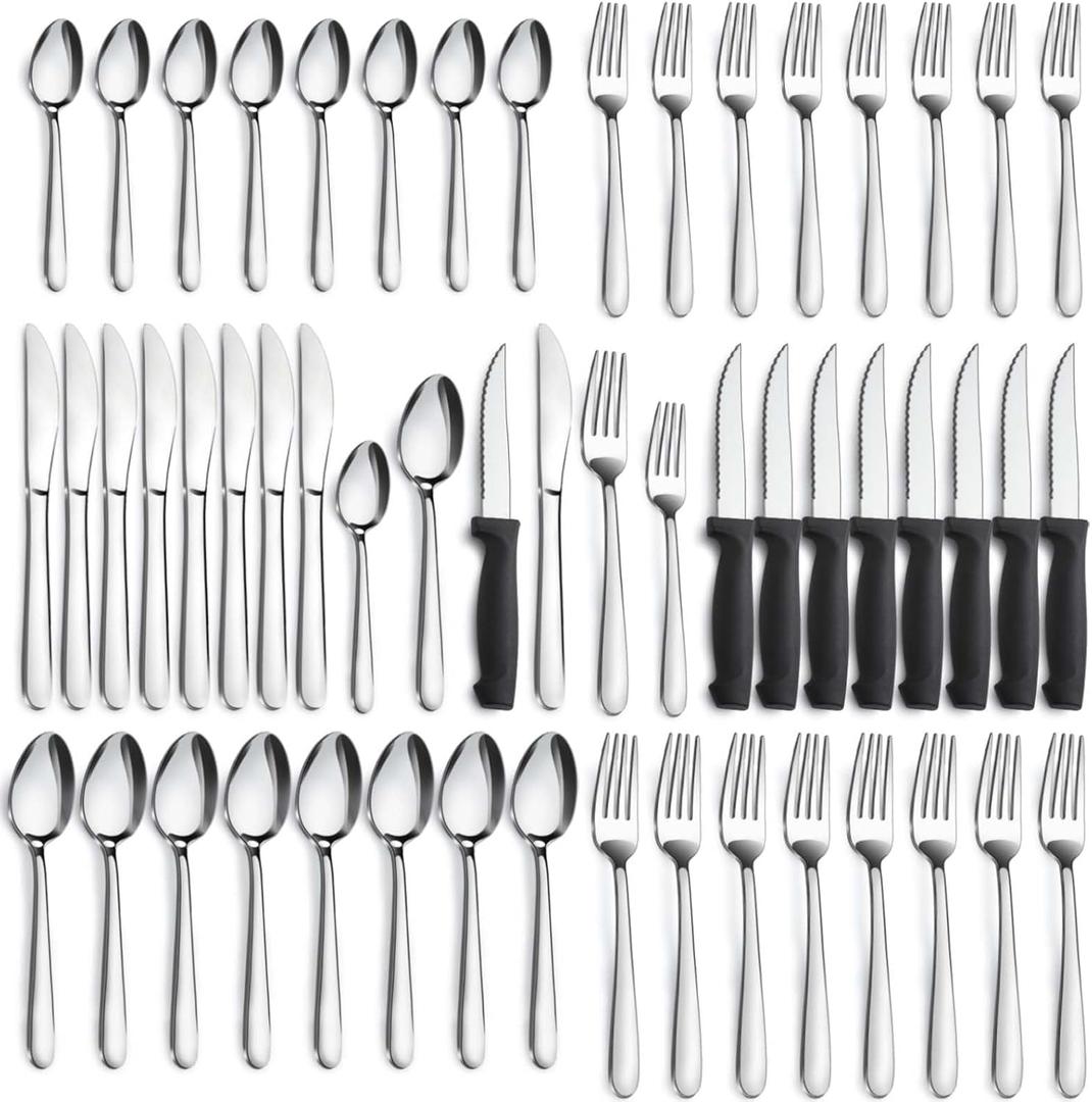 Pleafind 48-Pieces Silverware Set for 8, Flatware Set with Steak Knives, Stainless Steel Cutlery Set, Include Forks Spoons and Knives Set, Dishwasher Safe Utensil Sets for Home Restaurant