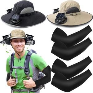 2 Set Wide Brim Solar Fan Hats with 2 Solar Fan and Arm Sleeves Set Outdoor Fishing Bucket Hat for Men Women Hiking (Dark Grey and Khaki)