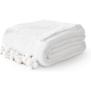 100% Cotton Muslin Blanket 50" x 60", Breathable and Lightweight Cotton Throw Blankets for Couch, Soft Cooling Summer Gauze Blanket for Adults All Season, White