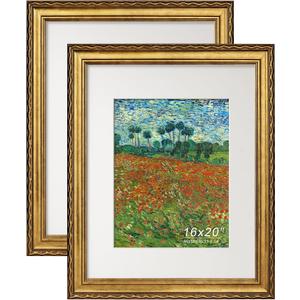 Gold 16x20 Picture Frame, Embossing Ornate Photo Frame with Plexiglass, Fit for 2 Sizes with Paper Mat for 8x12 or 12x16 without Mat, Wall Mount in Vertical or Horizontal, 2 Pack