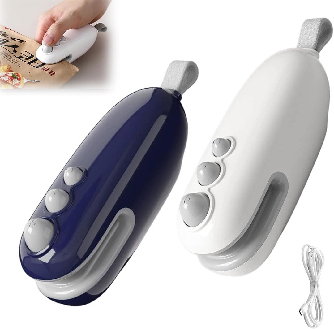 Mini Bag Sealer with Cutter and Magnet,Vacuum Sealer Bags for Food,Bag Resealer,2 in 1 Rechargeable Food Bag Sealer,Chip Heat Sealer for Plastic Bag Snack Bag Food Storage (White+Blue)