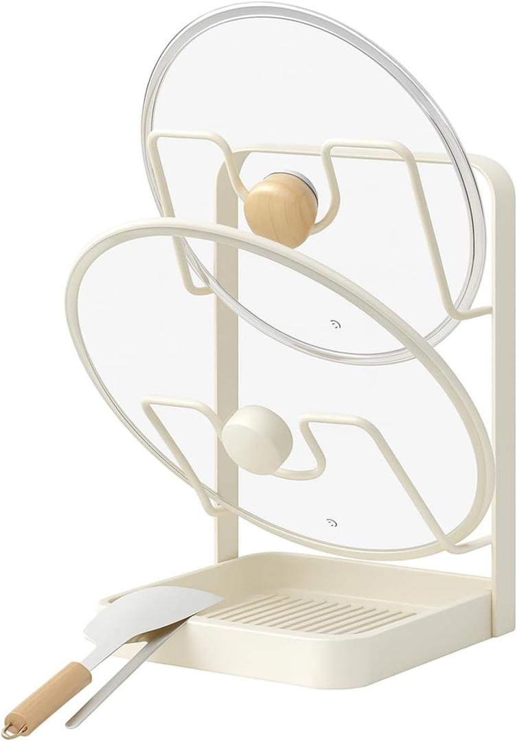 Kitchen Pot Lid Storage Rack, Double Layer Pot Lid Organizer Rack & Holder While Cooking, Metal Pot Lid Stand with Spoon Rest and Removable Drip Tray, Space-Saving Design (Beige, 2)