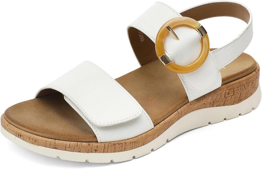 UBFEN Womens Flat Sandals Arch Support Open Toe Walking Comfy Casual Low Wedge Summer Shoes (7, White)