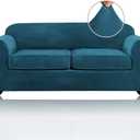 PrinceDeco Couch Cover Velvet Plush Sofa Covers for 2 Cushion Couch Width Up to 90 Inch Washable Furniture Protector Pet Friendly No Slip Sofa Slipcover(Medium-Large, Deep Teal)