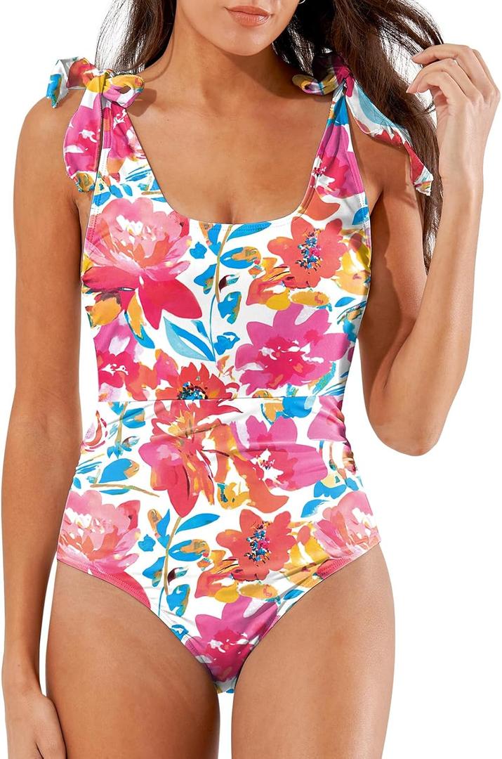 One Piece Swimsuit Tummy Control Bathing Suit for Women Ruched Slimming Swim Suit Modest Push Up Swimwear L