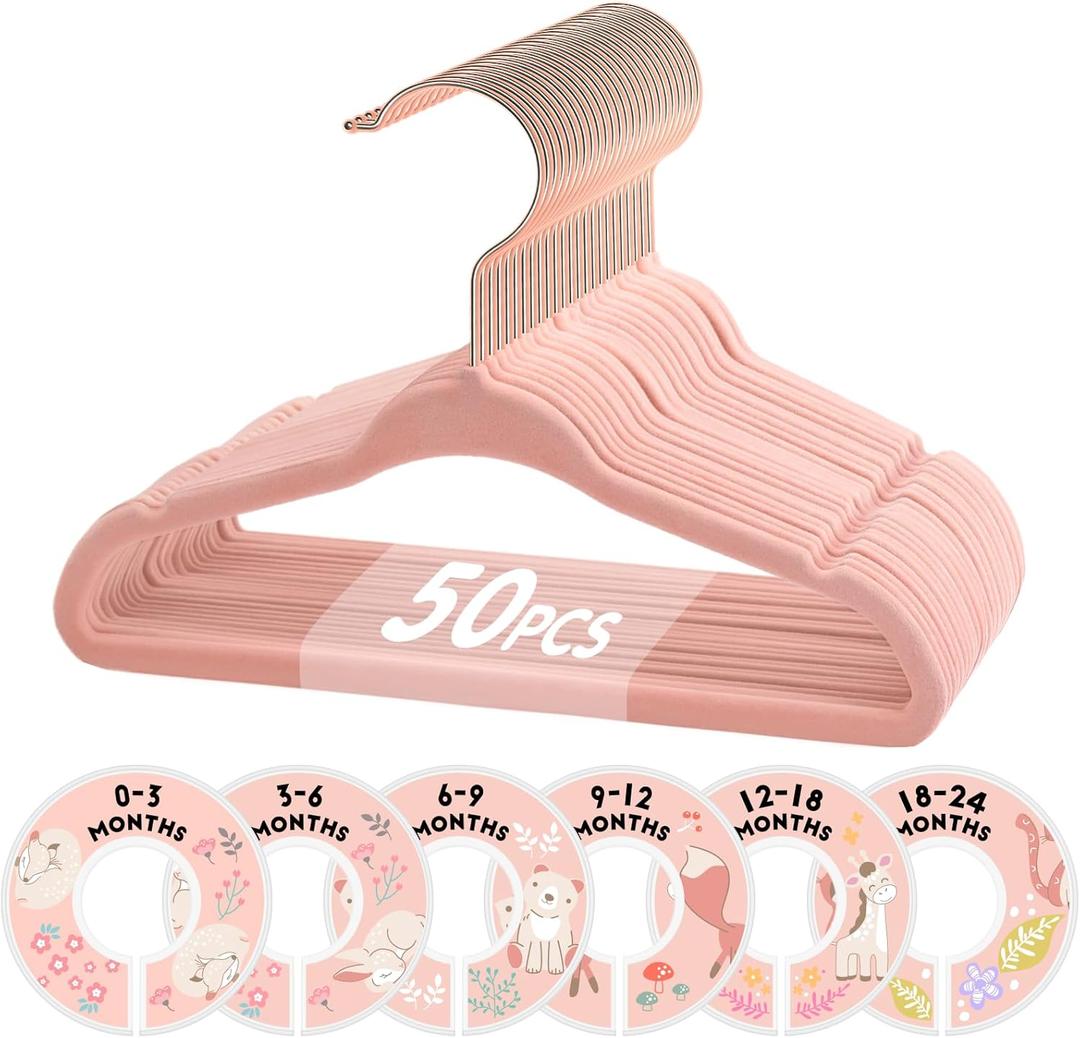 VIS'V Baby Hangers, 11 Inch Velvet Kids Hangers with 6 Pcs Clothes Size Dividers, Infant Toddler Nursery Closet Organization, Non Slip, Pink, 50 Pcs
