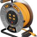 Masterplug 100ft Cord Reel, Metal Cable Drum, Retractable Extension Lead with Winding Handle, Safety Overload Circuit Breaker and Power Switch, 4x Grounded Outlets, 15amps, 12AWG Cable