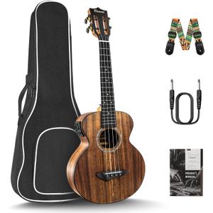 Caramel 26inch CT204 All Solid Acacia Wood Tenor Electric Ukulele Professional Ukelele Kit Beginner Guitar Starter Bundle Strings, Padded Gig Bag, Strap