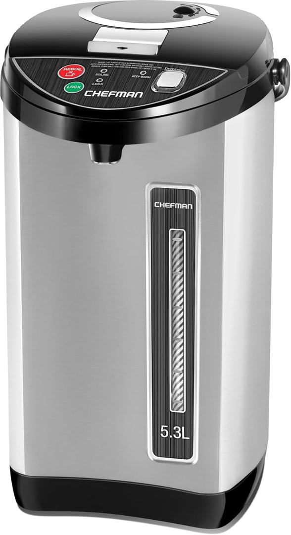 Chefman Electric Hot Water Pot Urn w/ Manual Dispense Buttons, Safety Lock, Instant Heating for Coffee & Tea, Auto-Shutoff/Boil Dry Protection, Insulated Stainless Steel, 5.3L/5.6 Qt/30+ Cups