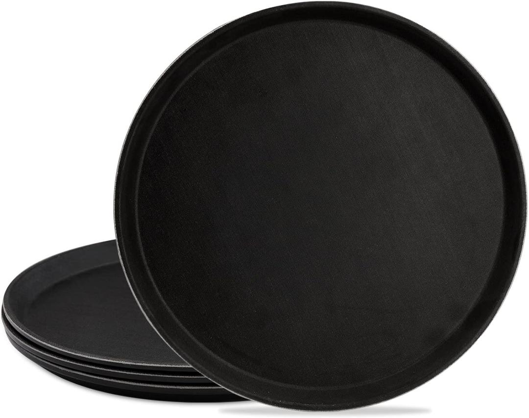 TOPZEA 4 Pack Plastic Server Tray, 14 Inch Round Serving Tray Restaurant Serving Tray Non-Slip Bar Tray Cafeteria Tray for Eating, Cafe Tray for Coffee Table, Black, with Non-Skid Rubber Lined