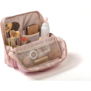 Large Standing Makeup Bag, Sturdy PU Leather Cosmetic Organizer with Fold-Down Phone Tray, Waterproof Travel Toiletry Case with Wipeable TPU Brush Holder, 9.5 Inch, Pink