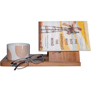 Wooden Triangle Book Stand & Reading Valet  Book Rest with Cup, Phone, Glasses & Pen Holder  Thumb Book Page Holder - Nightstand Book Holder & Gift for Book Lovers, Readers & Bibliophiles