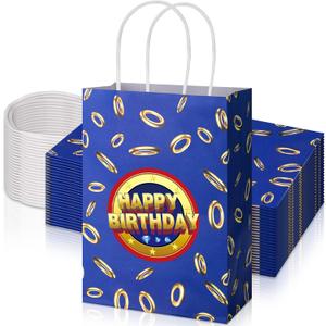 HIYZI 24 Pcs Cartoon Themed Party Favor Bags with Handles Gold Ring Paper Goodie Bags Blue Video Game Treat Bags 8.3 x 5.9 x 3.1 Inches for Birthday Party Supplies Boys Girls Gift Candy Snack Bags