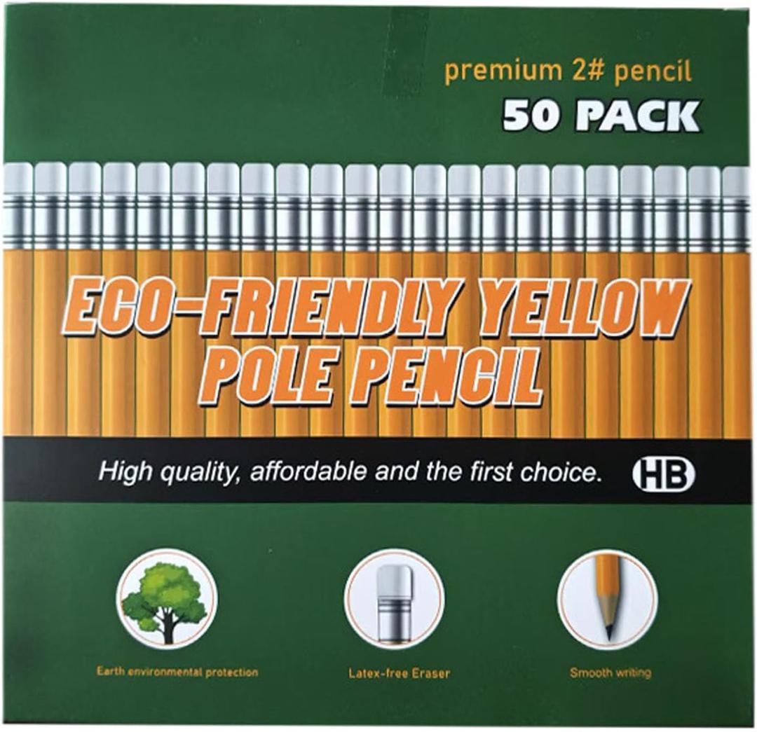 Wood-Cased #2 Pencils, Pre-sharpened pencil with Eraser Top, #2 HB Pencils, 50 Count, Yellow
