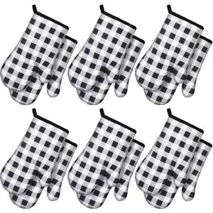 Tatuo 6 Pairs Black and White Checkered Oven Mitts Heat Resistant, Vintage Retro Checkerboard Cute Oven Mitts, Extra Thicken Kitchen Gloves, 6''x11''