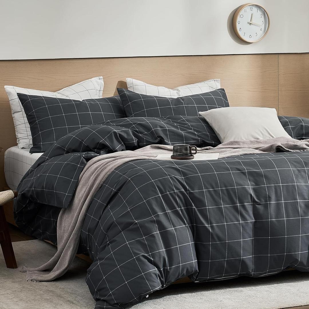 JELLYMONI 100% Natural Cotton 3pcs Plaid Duvet Cover Sets, Black with White Grid Geometric Pattern Printed Comforter Cover, with Zipper Closure & Corner Ties(Full Size) (Full(80"90"), 1103)