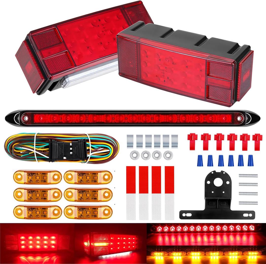 Boat Trailer Lights Kit, Boat Trailer Lights LED Submersible Kit with Amber Trailer Marker Lights Light Bar, 29FT Trailer Wiring, Stop Brake and White Backup Reverse Lights for Boat RV Truck