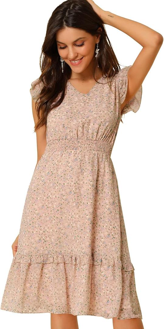 Allegra K Women's Floral Dress Spring Summer V Neck Flutter Sleeve Ruffle Casual Smocked Knee Length Dresses, Small