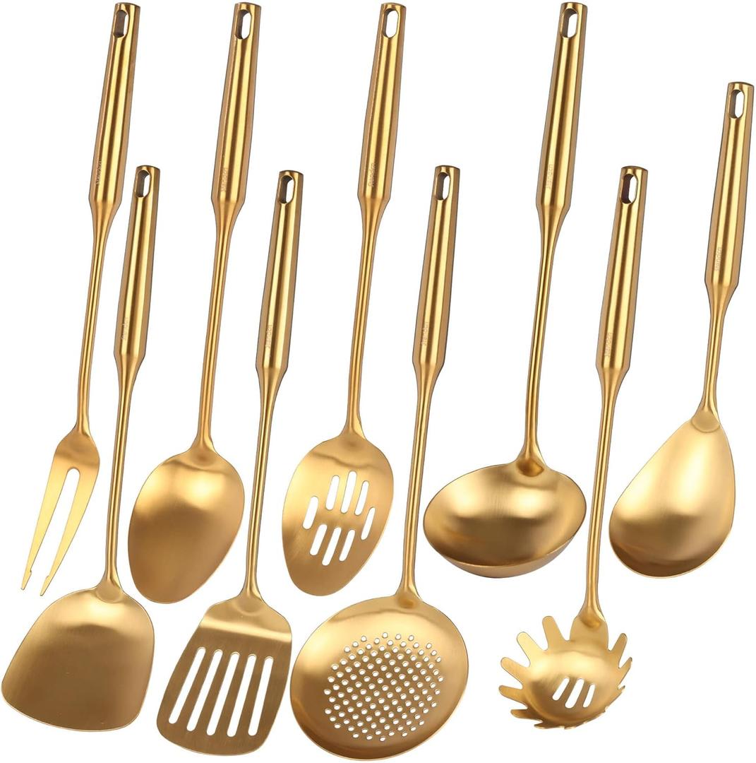 Gold Kitchen Utensils Set - Stainless Steel Cooking Tools, 15" All Metal Serving Utensils with Fork, Solid/Slotted Spoon, Spatula, Ladle, Skimmer, Tunner, Pasta Spoon, Large Spoon, Set of 9