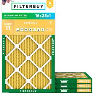 Filterbuy 16x25x1 Air Filter MERV 11 Superior Pet & Allergy Defense (4-Pack), Electrostatic Pleated HVAC AC Furnace Filters Replacement (Actual Size: 15.50 x 24.50 x 0.75)