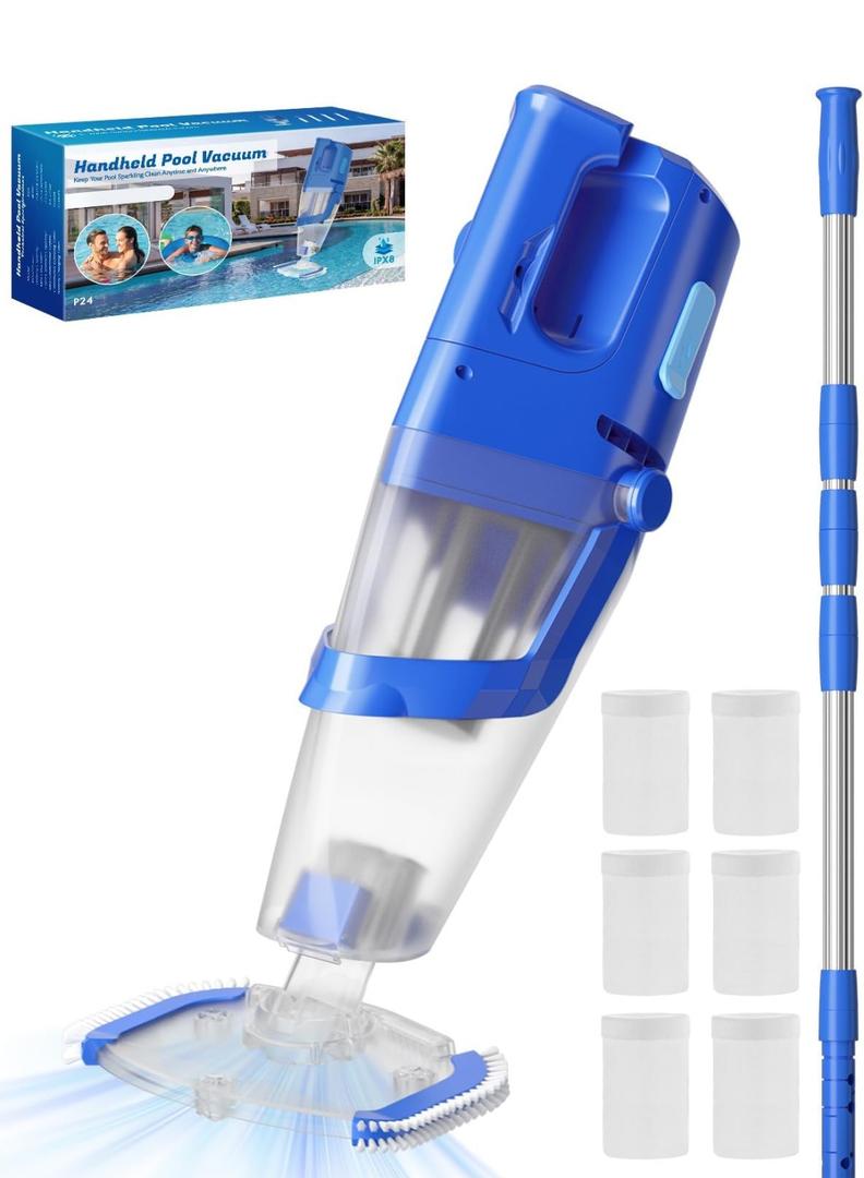 Cordless Handheld Pool Vacuum Cleaner with Telescopic Pole, 26.5 GPM Powerful Suction, Longer 1H Runtime, Portable Pool Vacuums for Above Ground/Inground Pools, Hot Tubs, Spas, Deep Blue