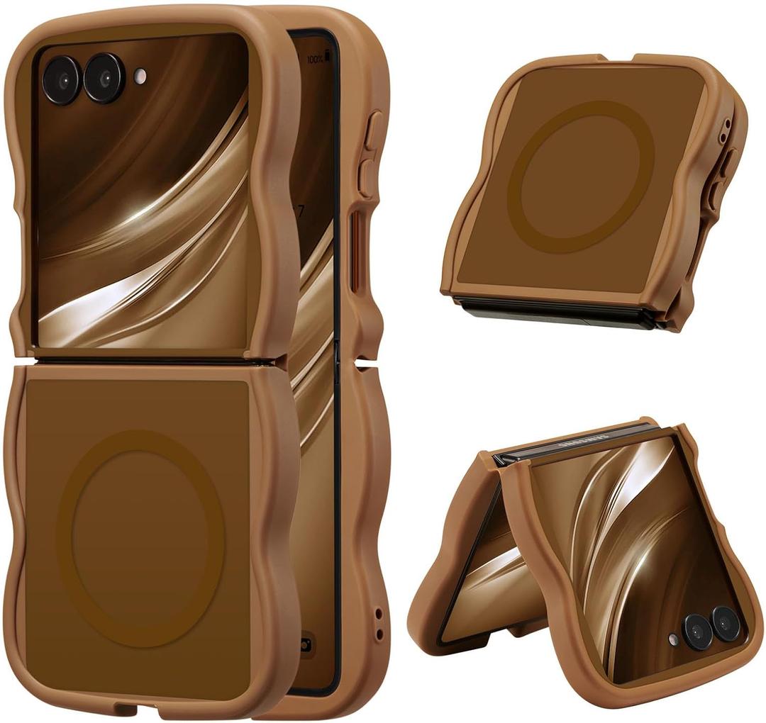 UEEBAI Magnetic for Samsung Galaxy Z Flip 7 5G Case, Compatible with MagSafe, Transparent Wave Frame Design Case Soft Edge Cover Cute Clear Matte Shockproof Protective Phone Case, Gold