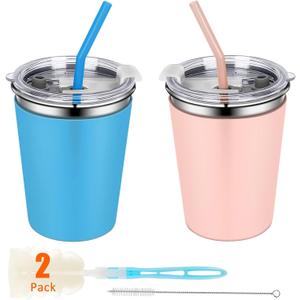 Rommeka 2 Pack Kids Cups with Straws and Lids Leak Proof, 12oz Sippy Cups for Toddlers with Colorful Sleeves, Unbreakable Stainless Steel Water Tumblers (Blue & Peach)