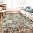 Area Rug 9'x12' Washable Vintage Traditional Mat Distressed Indoor Foldable Thin Retro Accent Floral Print Non Slip Carpet for Living Room Dining Room Office (Khaki and Blue)